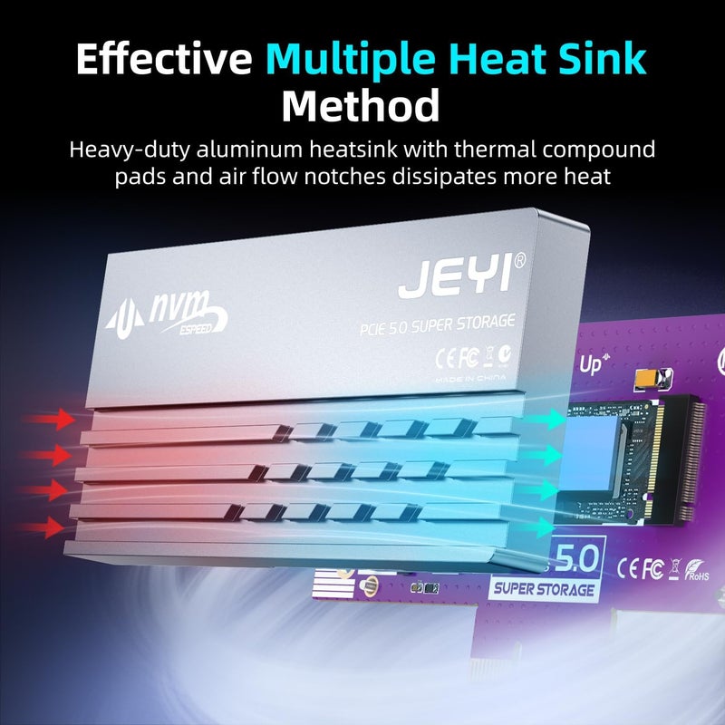 JEYI PCIe 5.0 4X to M.2 NVMe Adapter Card - Aluminum Heatsink for Gen5 SSDs, 128Gbps PCIe 5.0 x4/x8/x16 Slot, High-Speed SSD Expansion Card for Gaming/Workstation PCs - Image 5